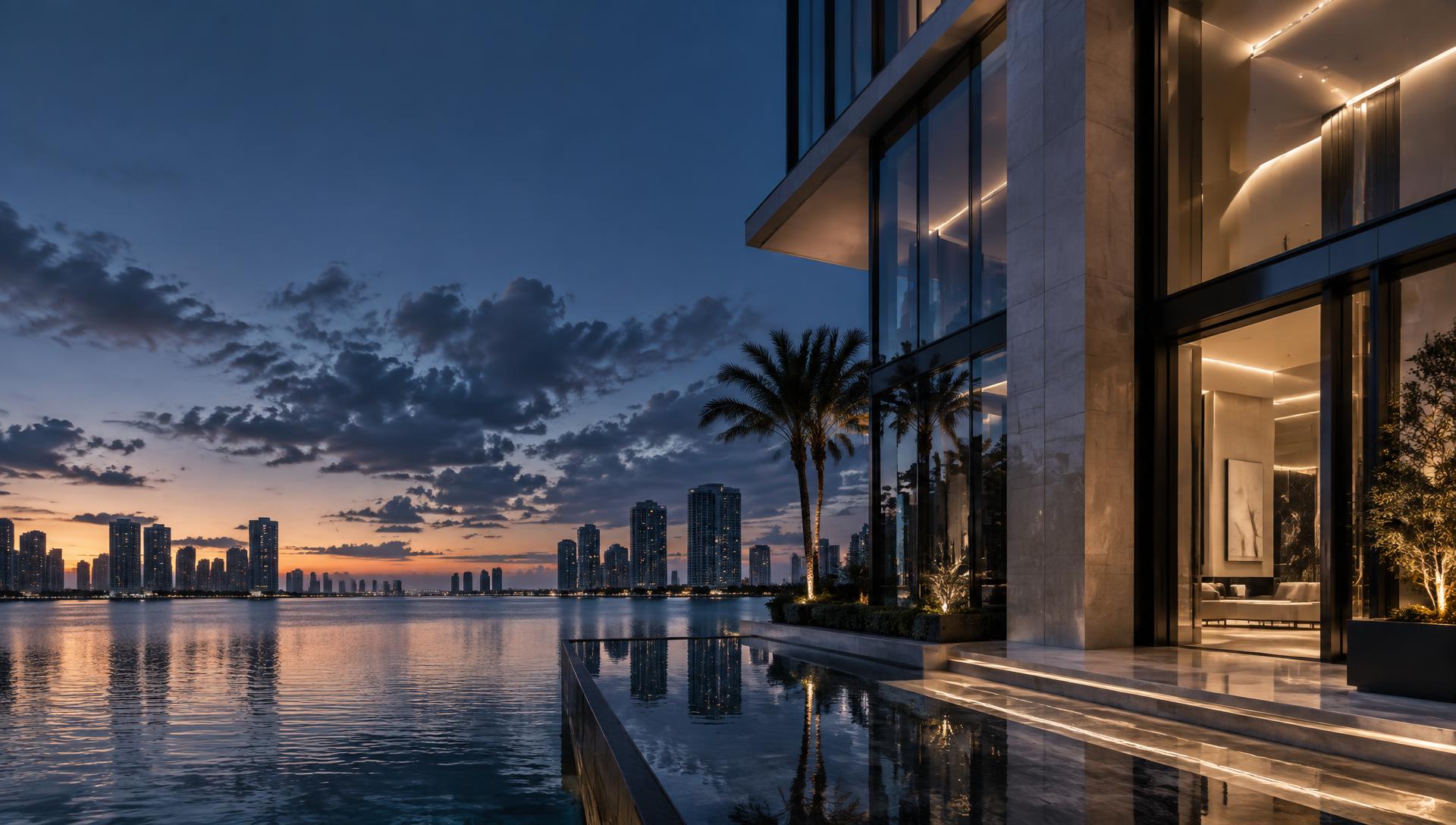 Miami waterfront architecture at dusk